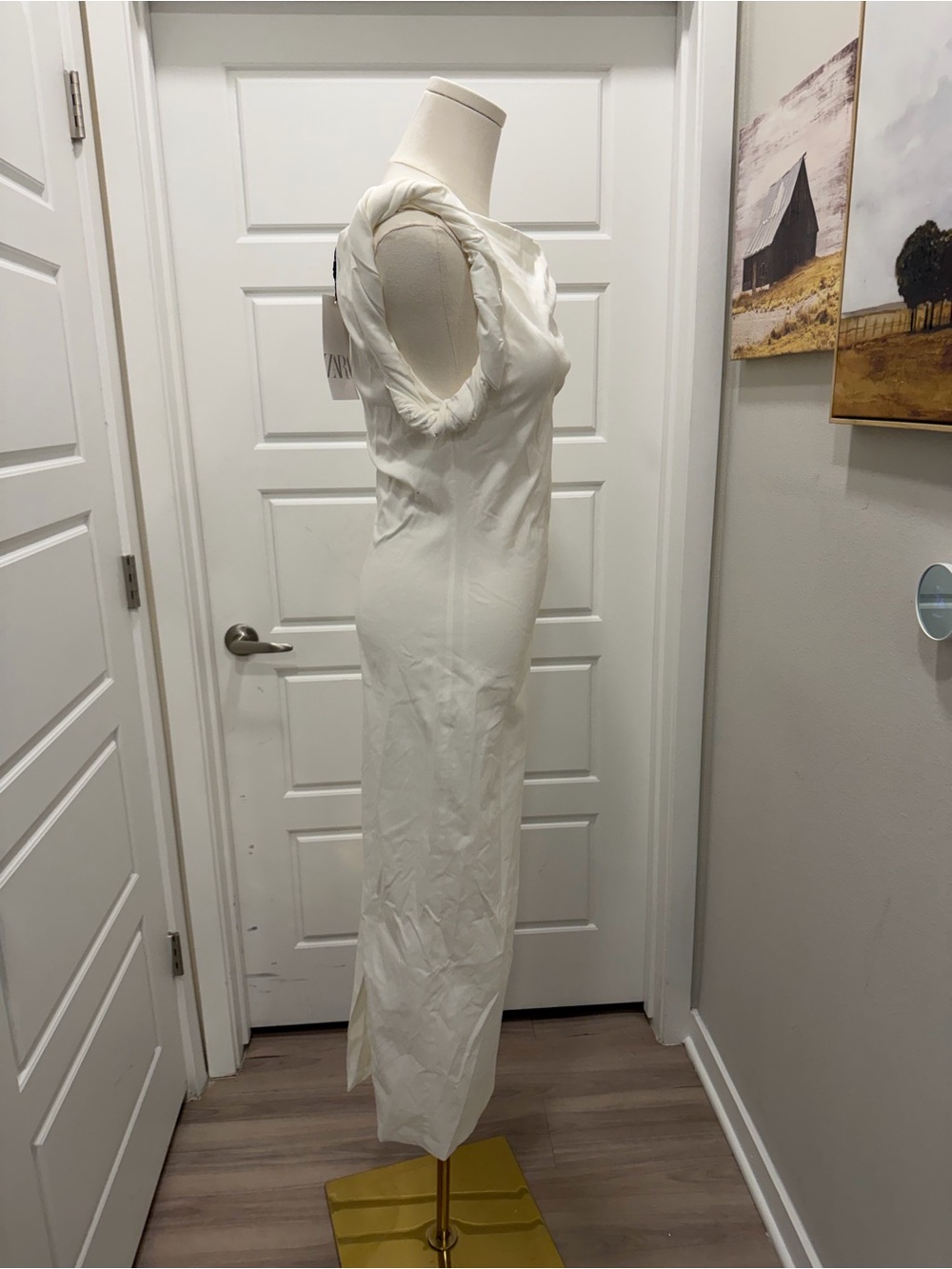 Zara One-Shoulder Twisted Rolled Sleeve White Maxi Dress